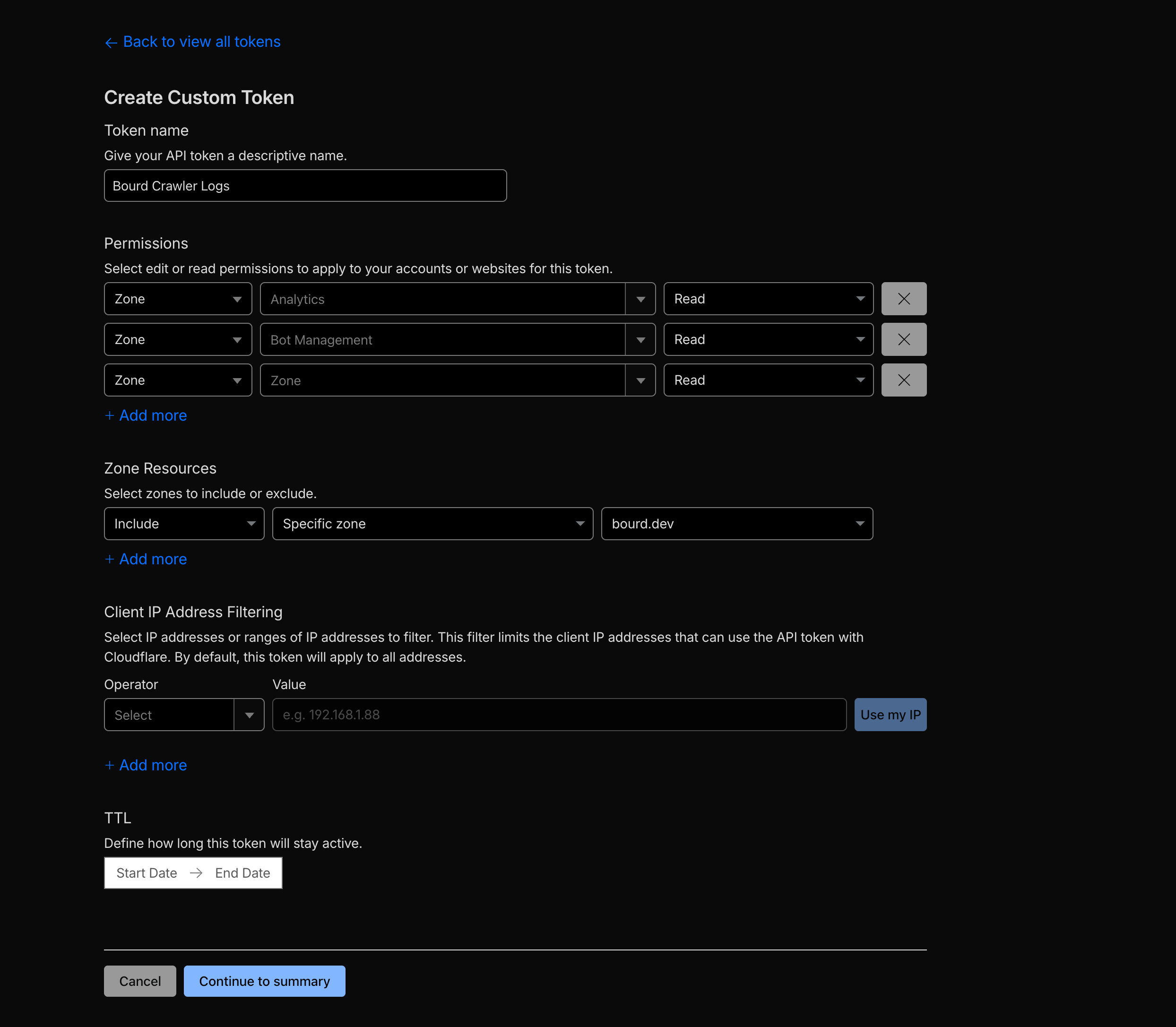 Cloudflare's Create Custom Token screen with the three required Zone read permissions and a specific zone selected