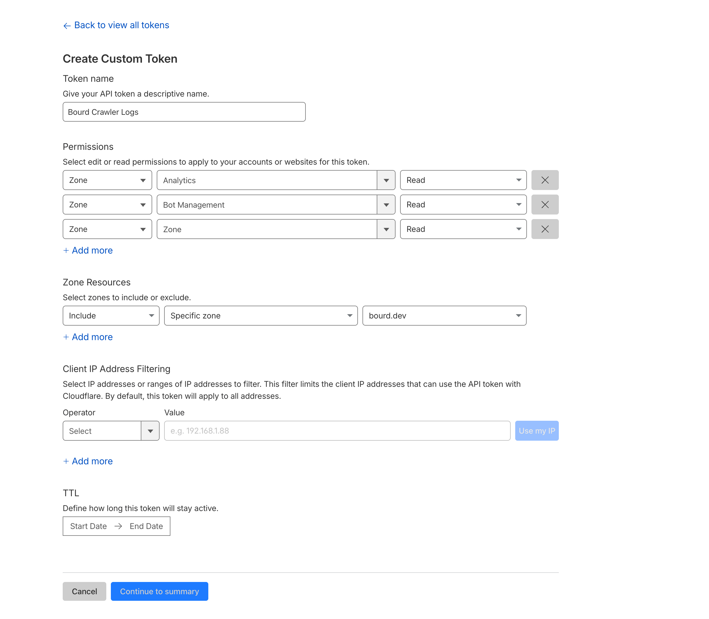 Cloudflare's Create Custom Token screen with the three required Zone read permissions and a specific zone selected