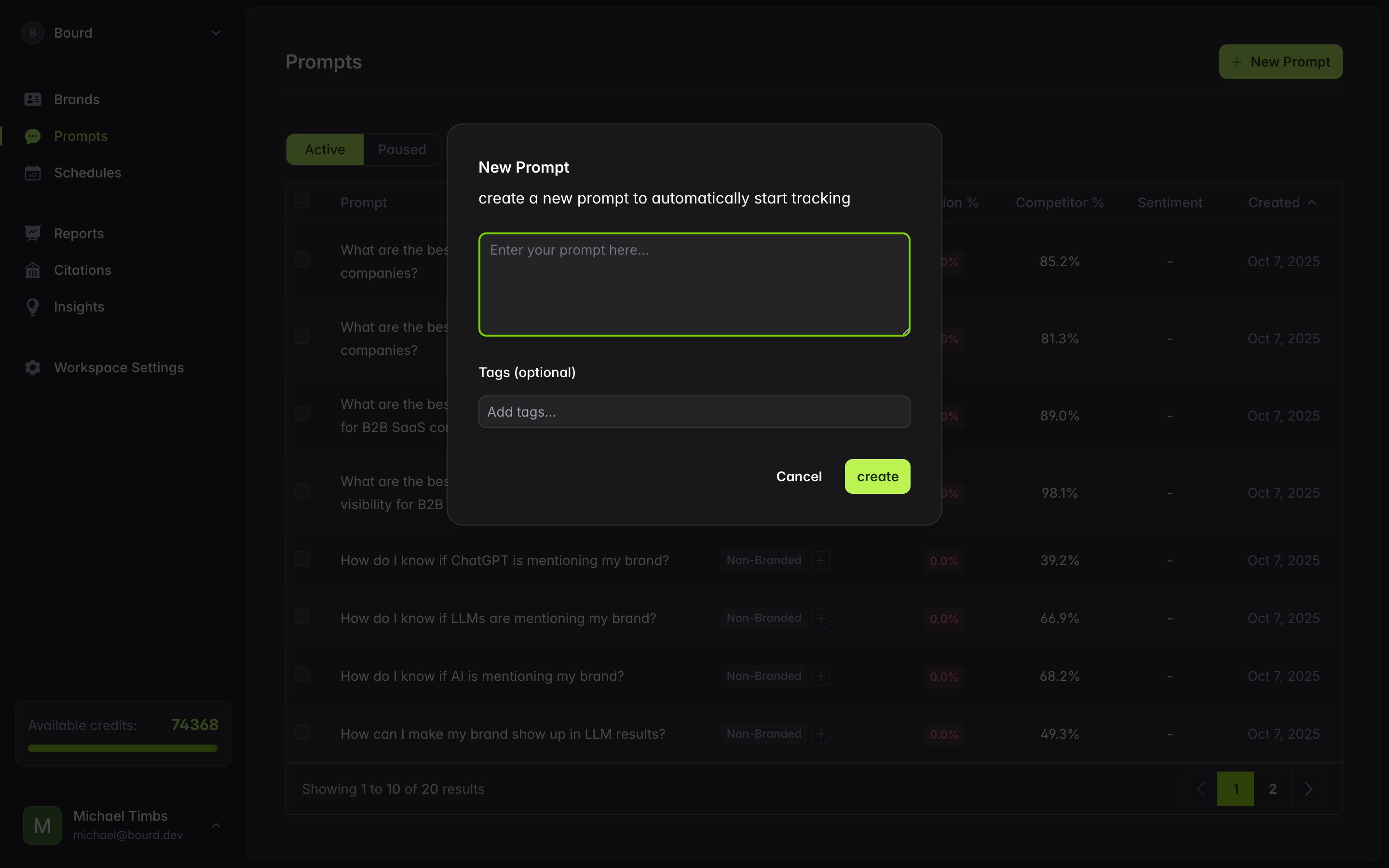 Prompt creation interface with example queries and AI model selection