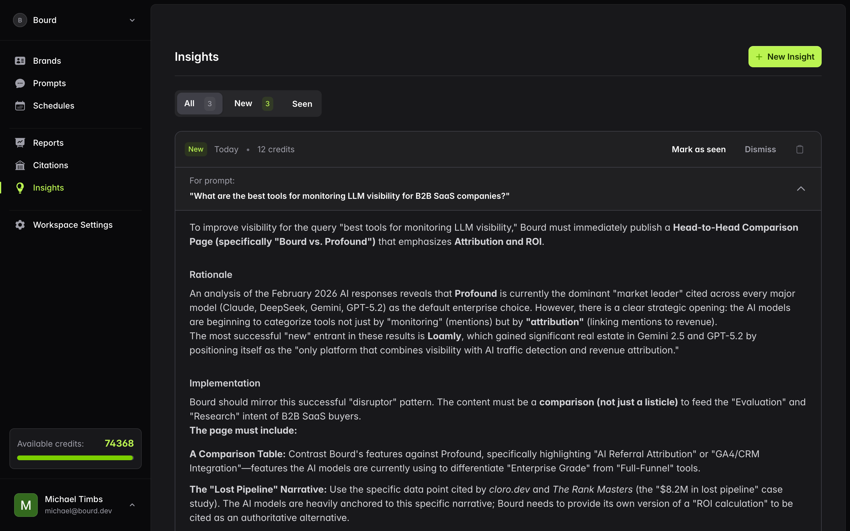 Content recommendations panel with specific optimization suggestions and citation sources