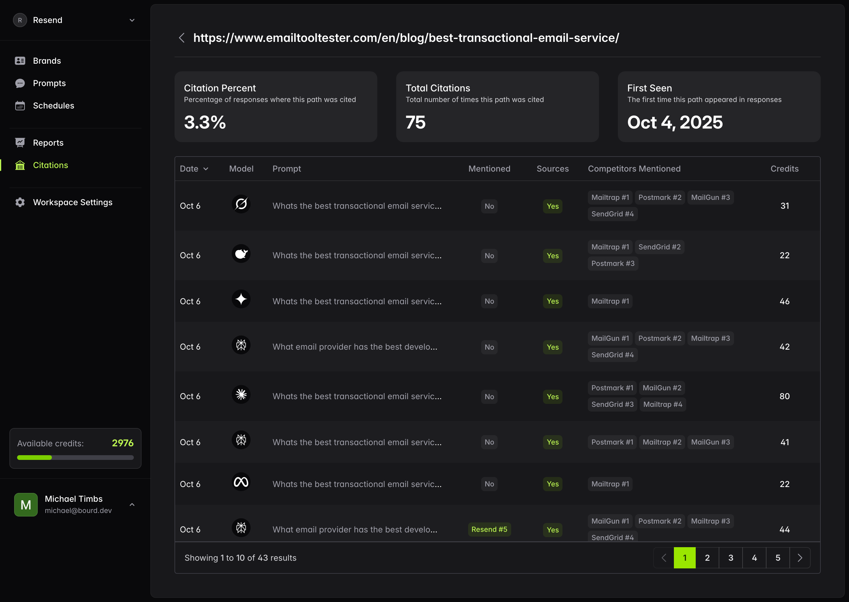 Citation tracking view displaying source URLs and reference paths